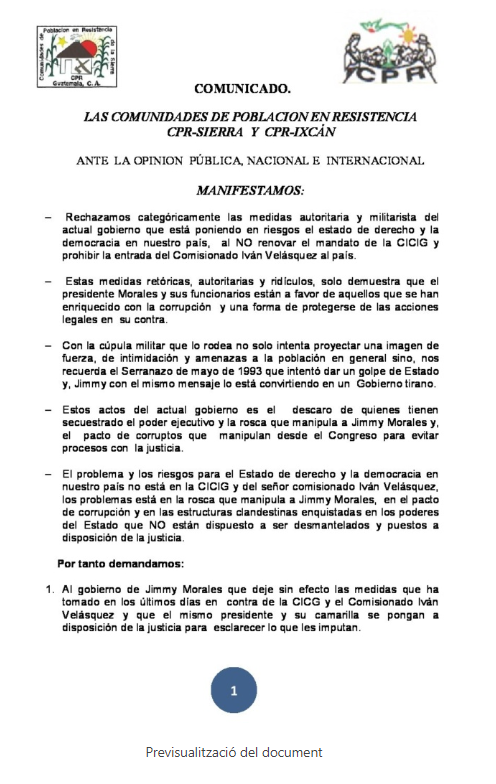 comunicado organizaciones guatemala