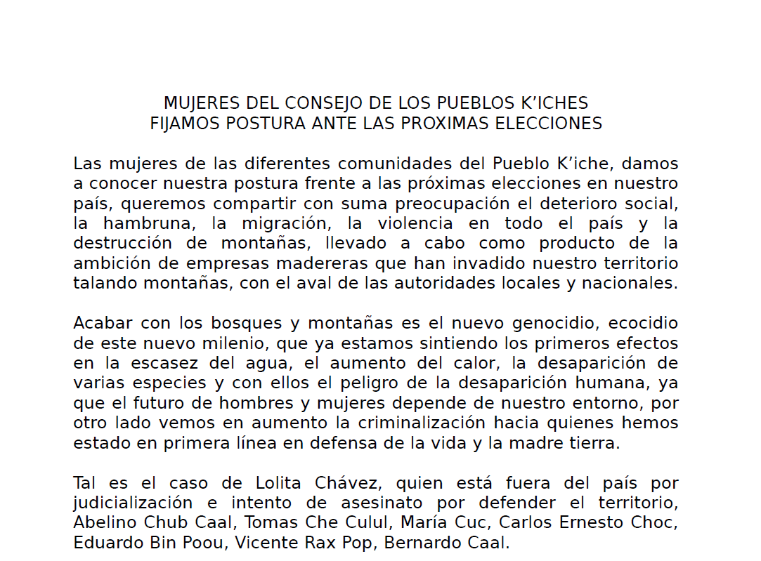 Comunicat Dones del Consejo de Pueblos K'iche's Guatemala