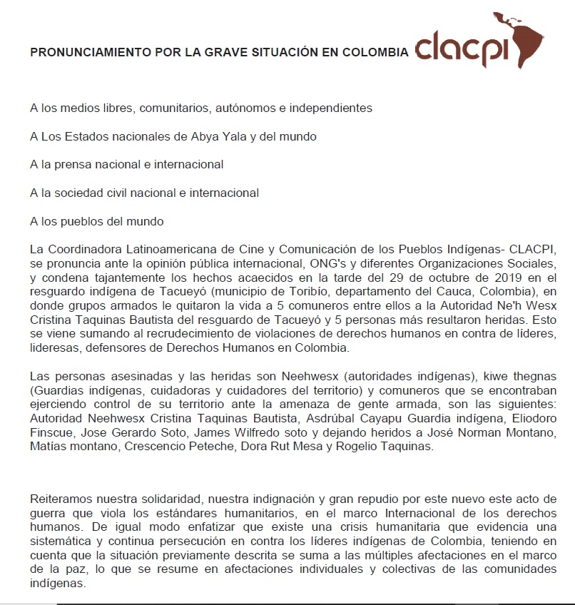 Pronunciament CLACPI assassinat defensores i defensors indígenes a Colòmbia