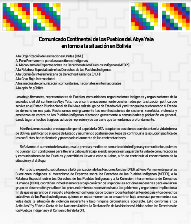 COMUNICADO CONTINENTAL DE LOS PUEBLOS DEL ABYA YALA EN TORNO A LA SITUACIÓN EN BOLIVIA